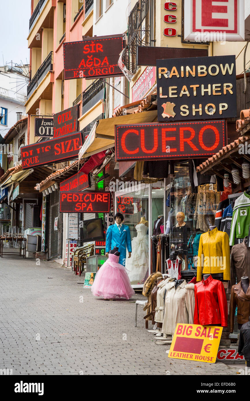Shops and stores in the outdoor market in the port of Kusadasi, Turkey