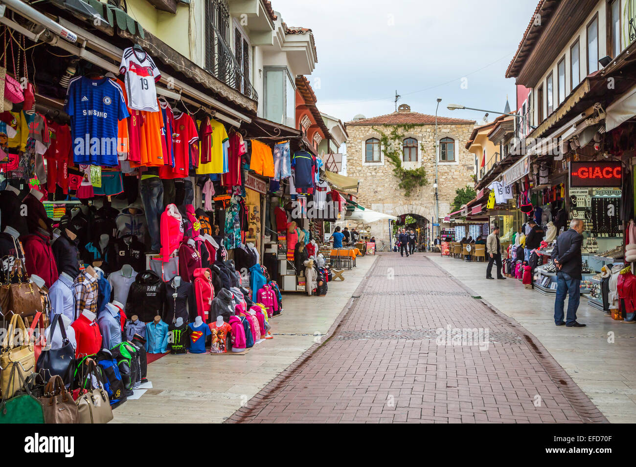Shops and stores in the outdoor market in the port of Kusadasi, Turkey