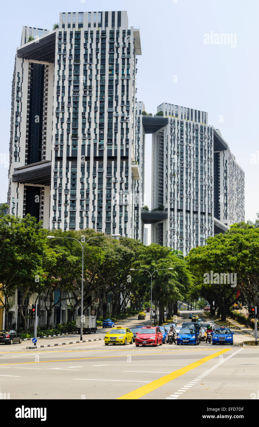 Looking up Cantonment Rd towards the worlds tallest public housing high-rise estate The Pinnacle at Duxton, Singapore Stock Photo