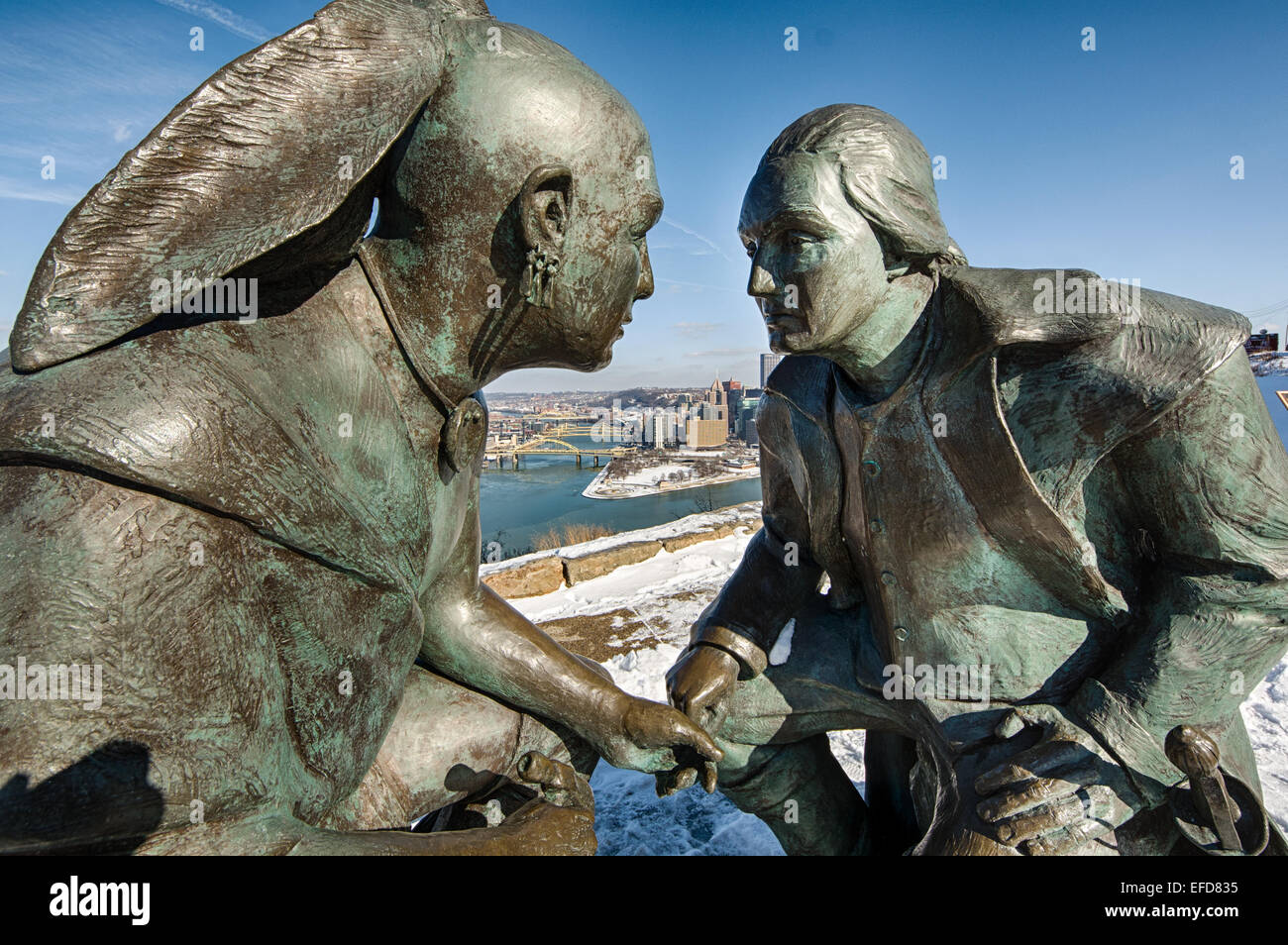 'Point of View' is a bronze sculpture by artist James  West that sits in Point of View Park atop Mt. Washington, Pittsburgh, PA. Stock Photo