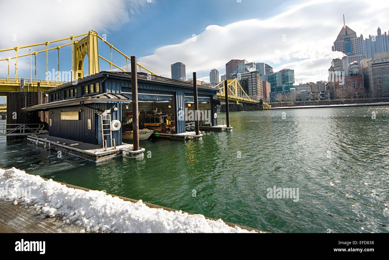 Pittsburgh River Rescue unit is located on the Allegheny River along Pittsburgh's North Shore. Stock Photo