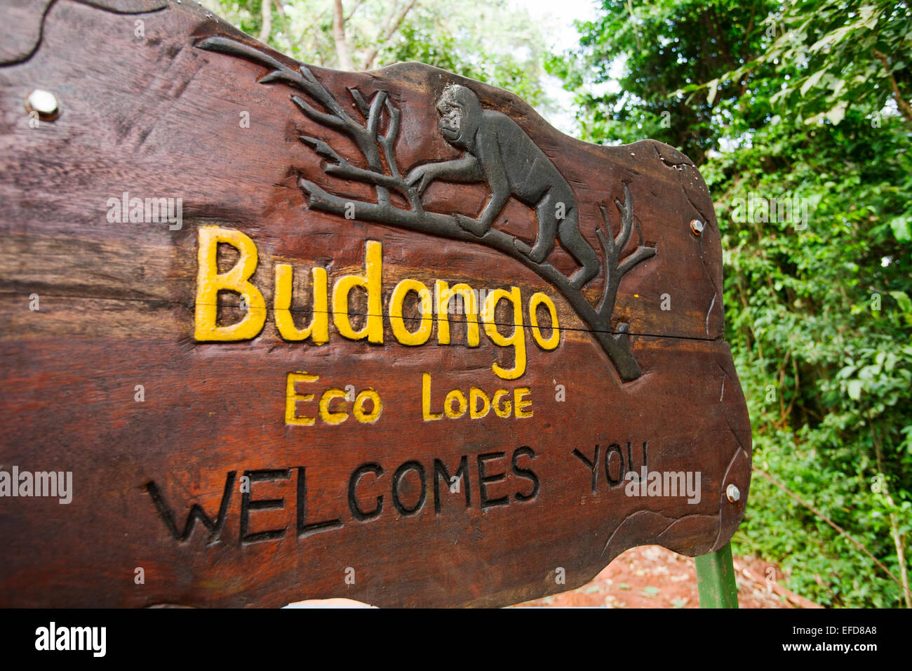 Budongo Eco Lodge sign Kabinyo Pabidi Budongo Forest Reserve, Uganda  January 2011 Stock Photo