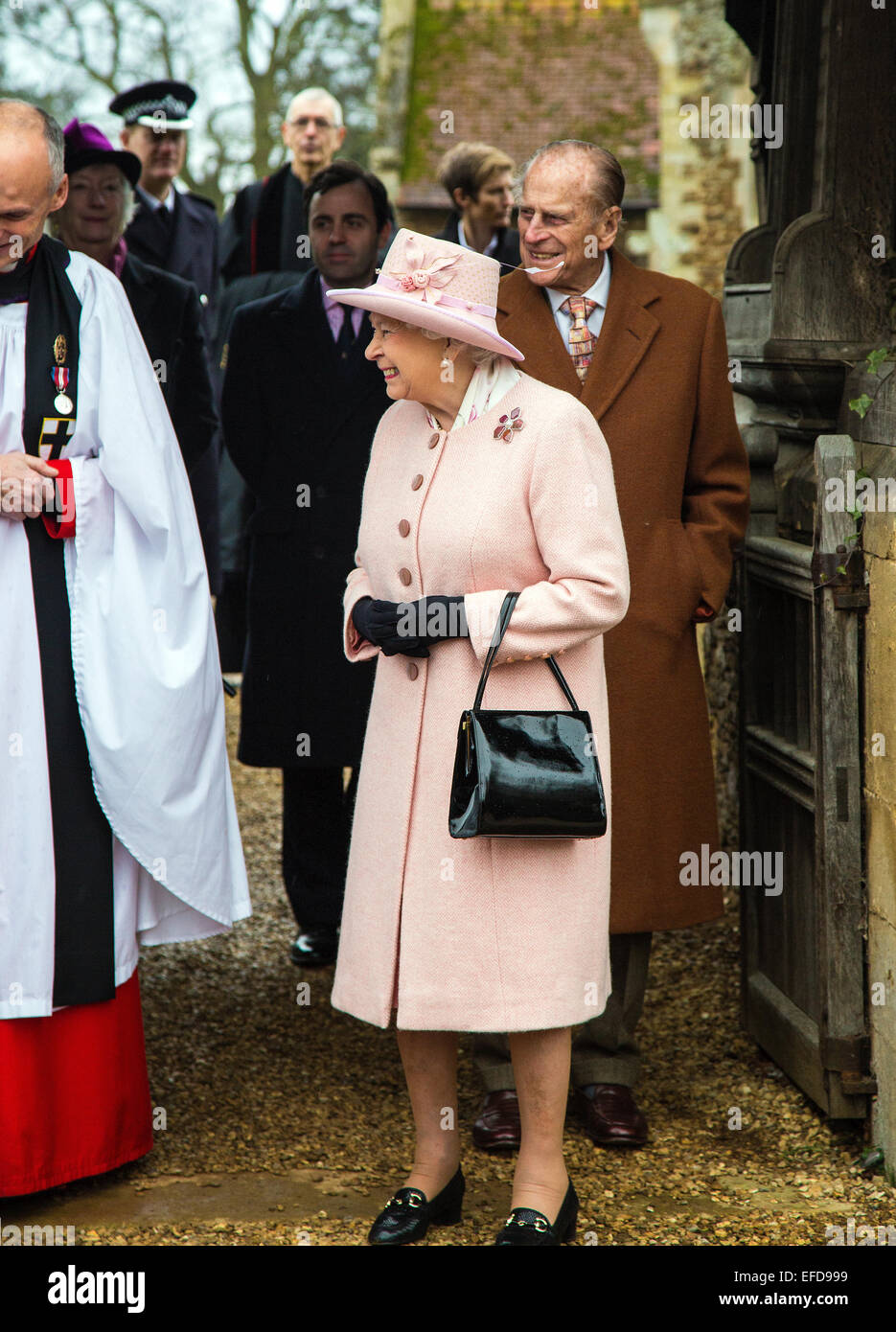 West Newton, Norfolk. 1st Feb, 2015. HM Queen Elizabeth II attends the morning service at West Newton. A small crowd of well wishers were there to see the Queen and Prince Philip. Credit:  Ian Ward/Alamy Live News Stock Photo