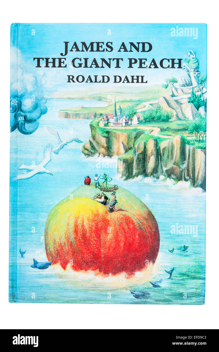 The book called James and the Giant Peach written by Roald Dahl on a white background Stock Photo