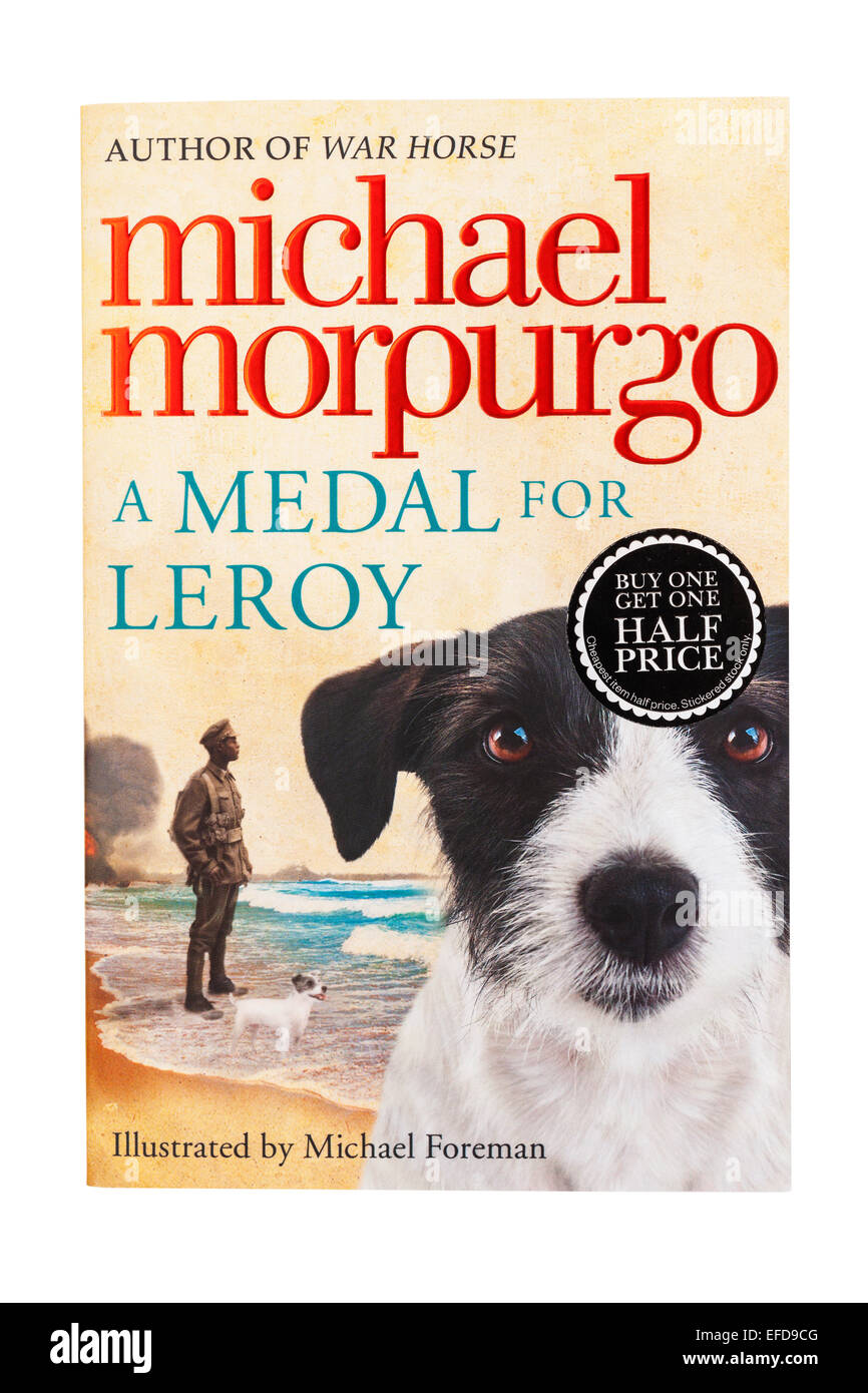 The A Medal for Leroy book written by Michael Morpurgo on a white background Stock Photo