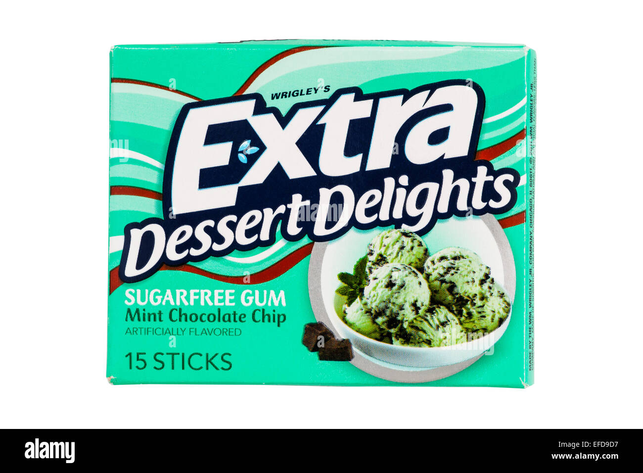 A packet of Wrigley's Extra Dessert Delights Mint Chocolate chip chewing gum on a white background Stock Photo