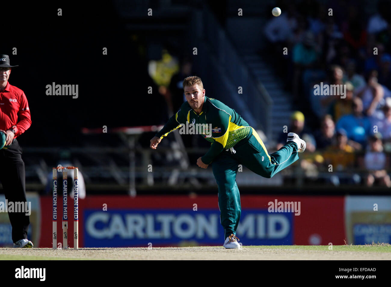 Perth, Australia. 1st Feb, 2015. ODI Series Final, Australia versus England, Aaron Finch gets a bowl during Englands innings. Credit:  Action Plus Sports/Alamy Live News Stock Photo