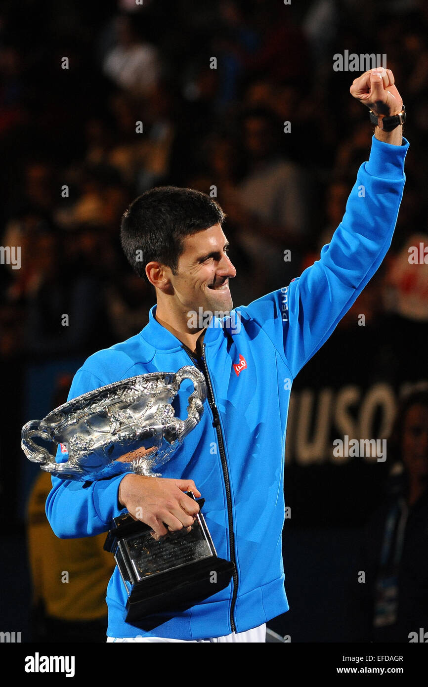 Melbourne, Australia. 01st Feb, 2015. Novak Djokovic of Serbia with his  trophy for winning the mens singles final match against Andy Murray of  Great Britain at 2015 Australian Open tennis tournament at