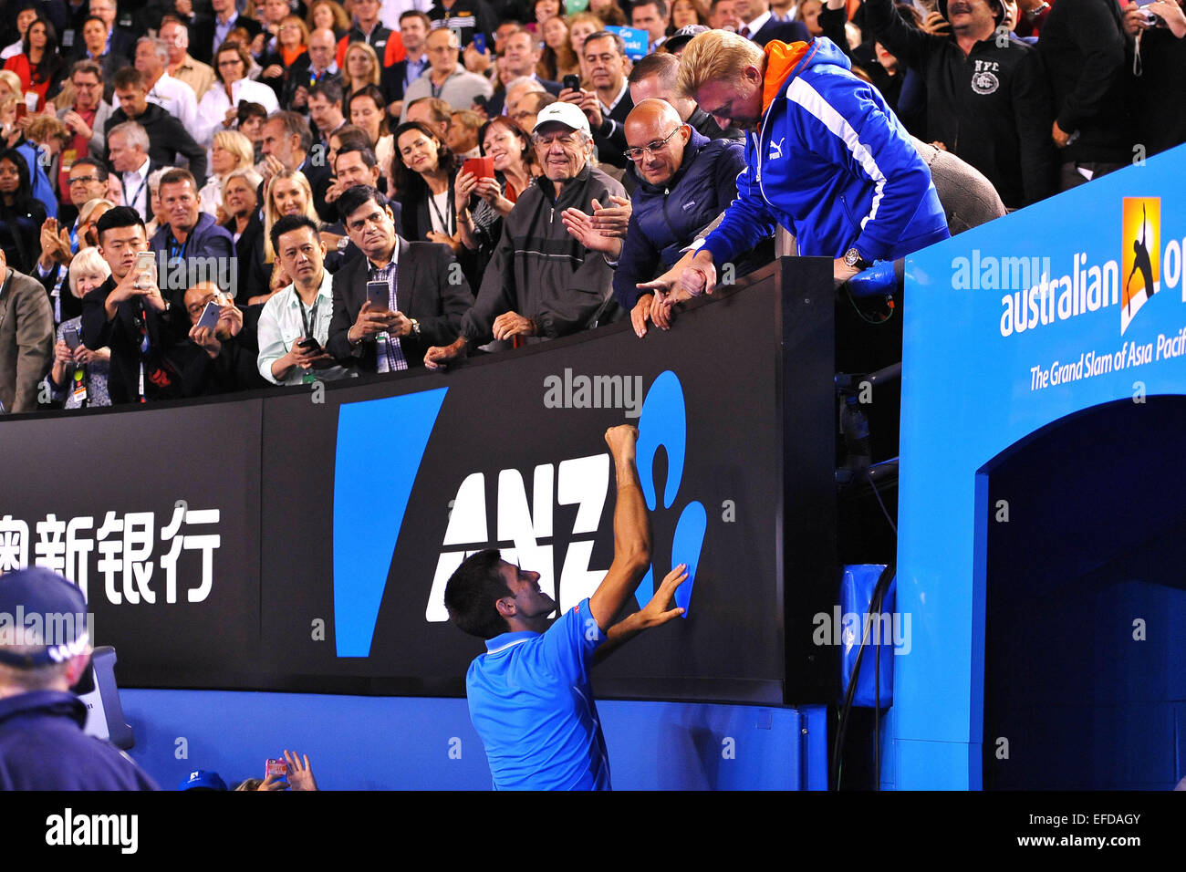 Melbourne, Australia. 01st Feb, 2015. Novak Djokovic of Serbia with his coach Boris Becker after winning the mens singles final match against Andy Murray of Great Britain at 2015 Australian Open tennis tournament at Melbourne Park in Melbourne, Australia on Feb. 1, 2015. Djokovic won the final in 4 sets 7-6 (7-5) 6-7 (4-7) 6-3 6-0 Credit:  Action Plus Sports/Alamy Live News Stock Photo