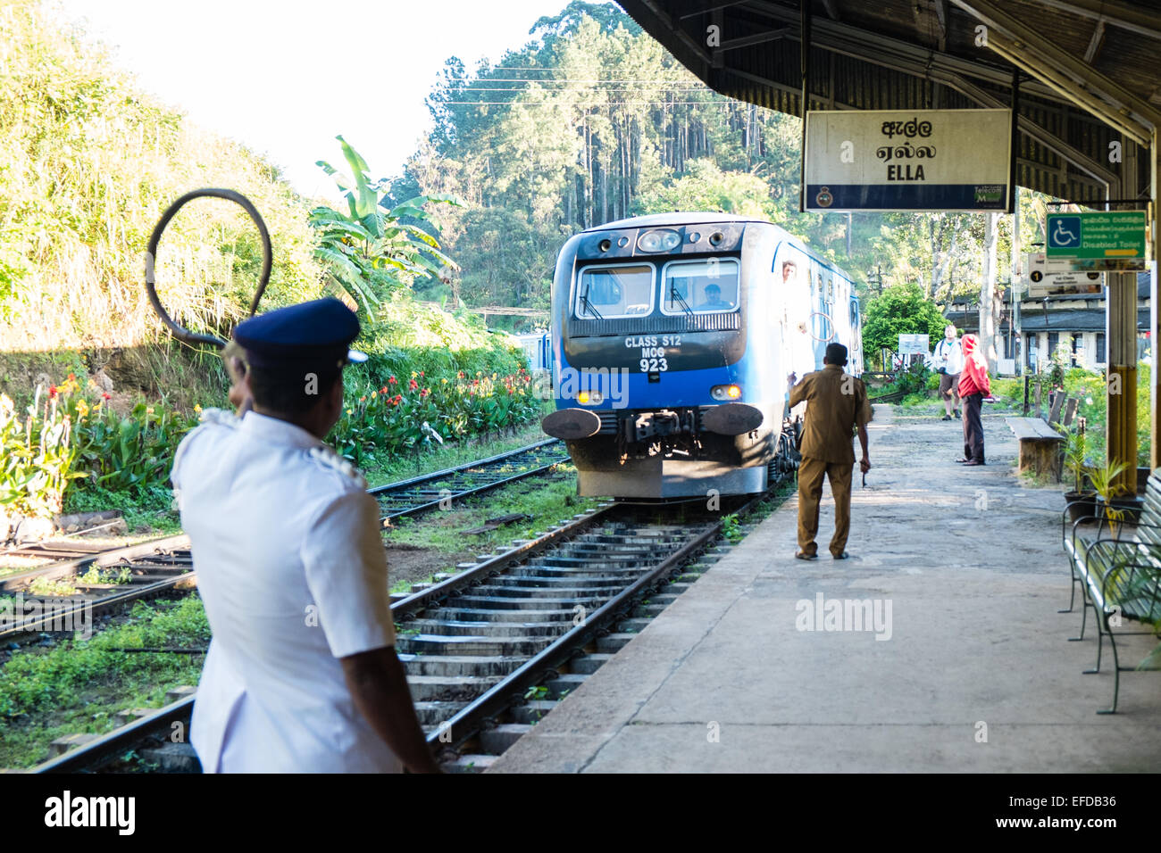 Station Master. countryside in Highlands from Ella to Kandy,Sri Lanka,Ella train station.Locomotive. Stock Photo