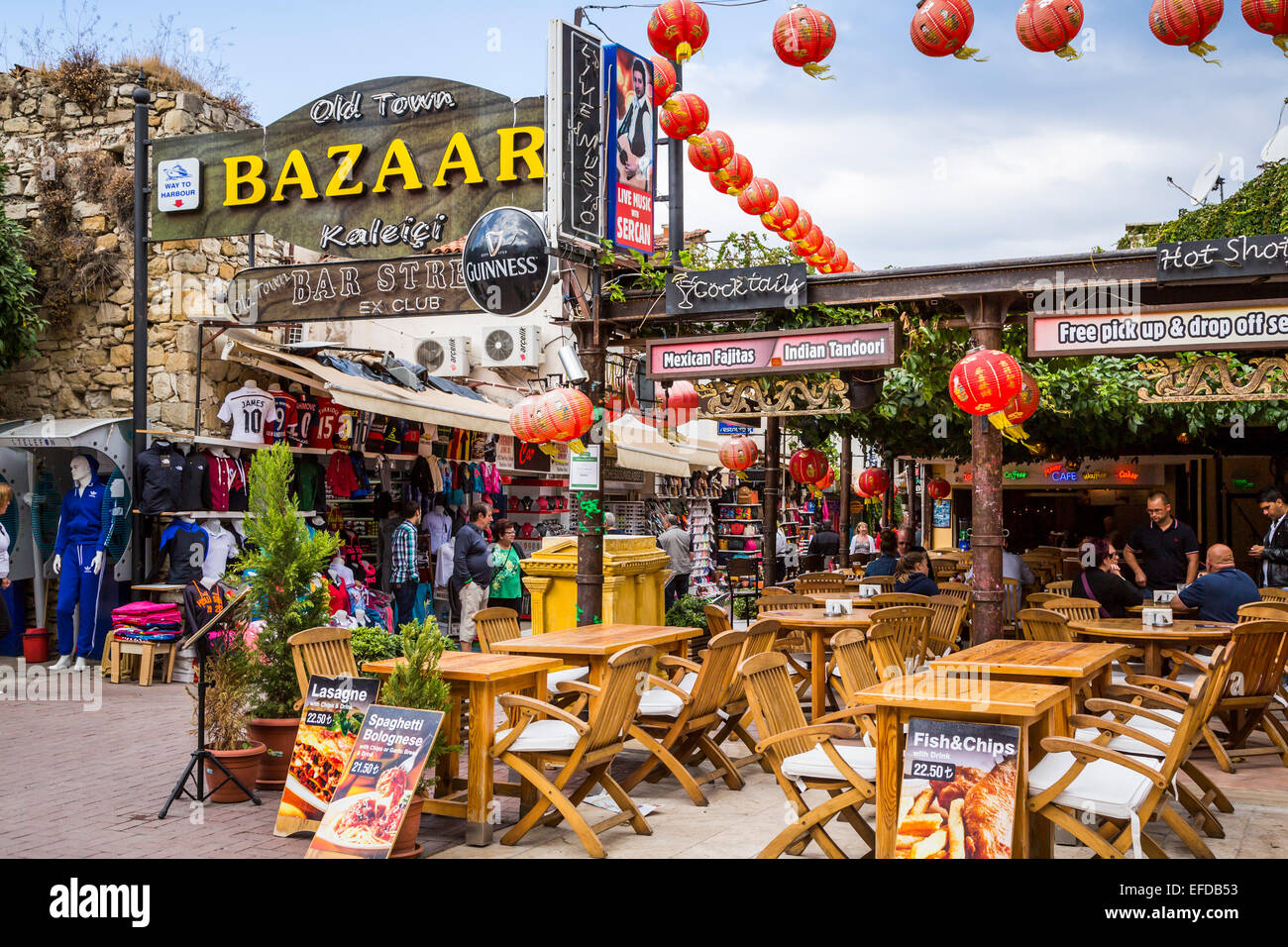 Shops and stores in the outdoor market in the port of Kusadasi, Turkey