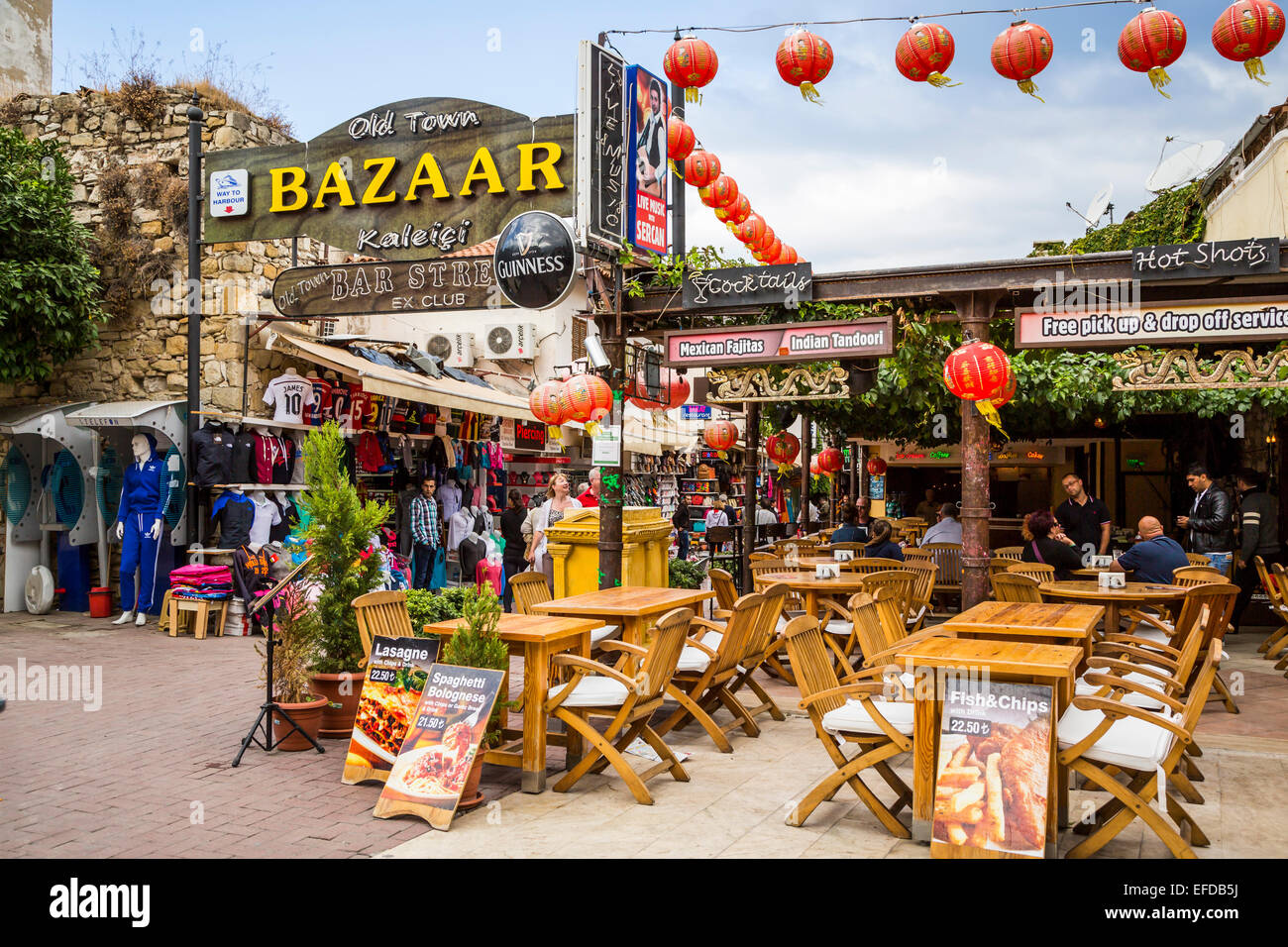 Shops and stores in the outdoor market in the port of Kusadasi, Turkey
