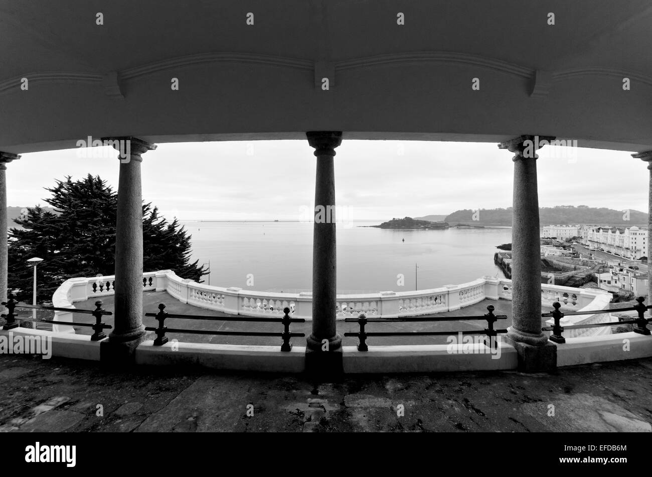 View of Plymouth Sound from columned walk on Plymouth Hoe Stock Photo