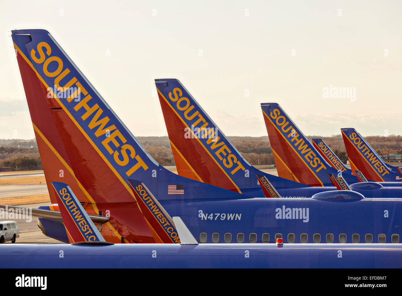 Southwest Airlines Boeing 737 aircraft line up at the gate in Memphis, TN. Stock Photo