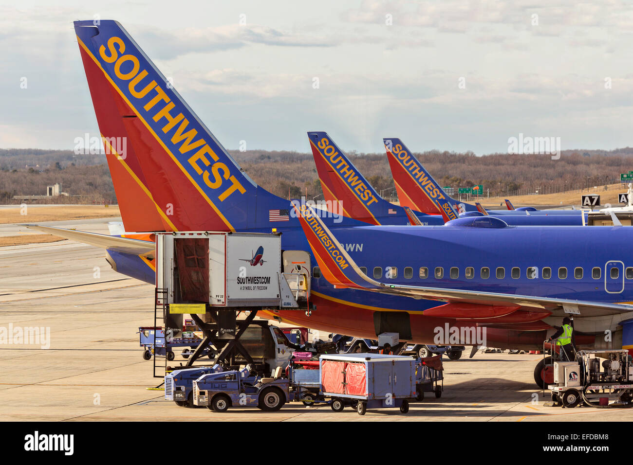 Southwest Airlines Boeing 737 aircraft line up at the gate in Memphis, TN. Stock Photo
