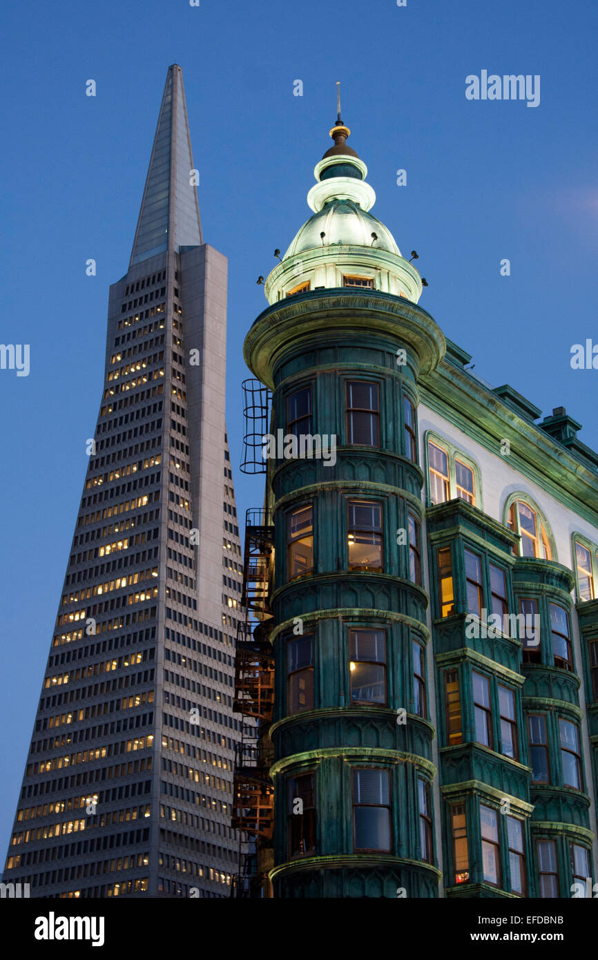 The Sentinel Building and the TransAmerica Pyramid at dusk from North Beach in San Francisco, California. Stock Photo