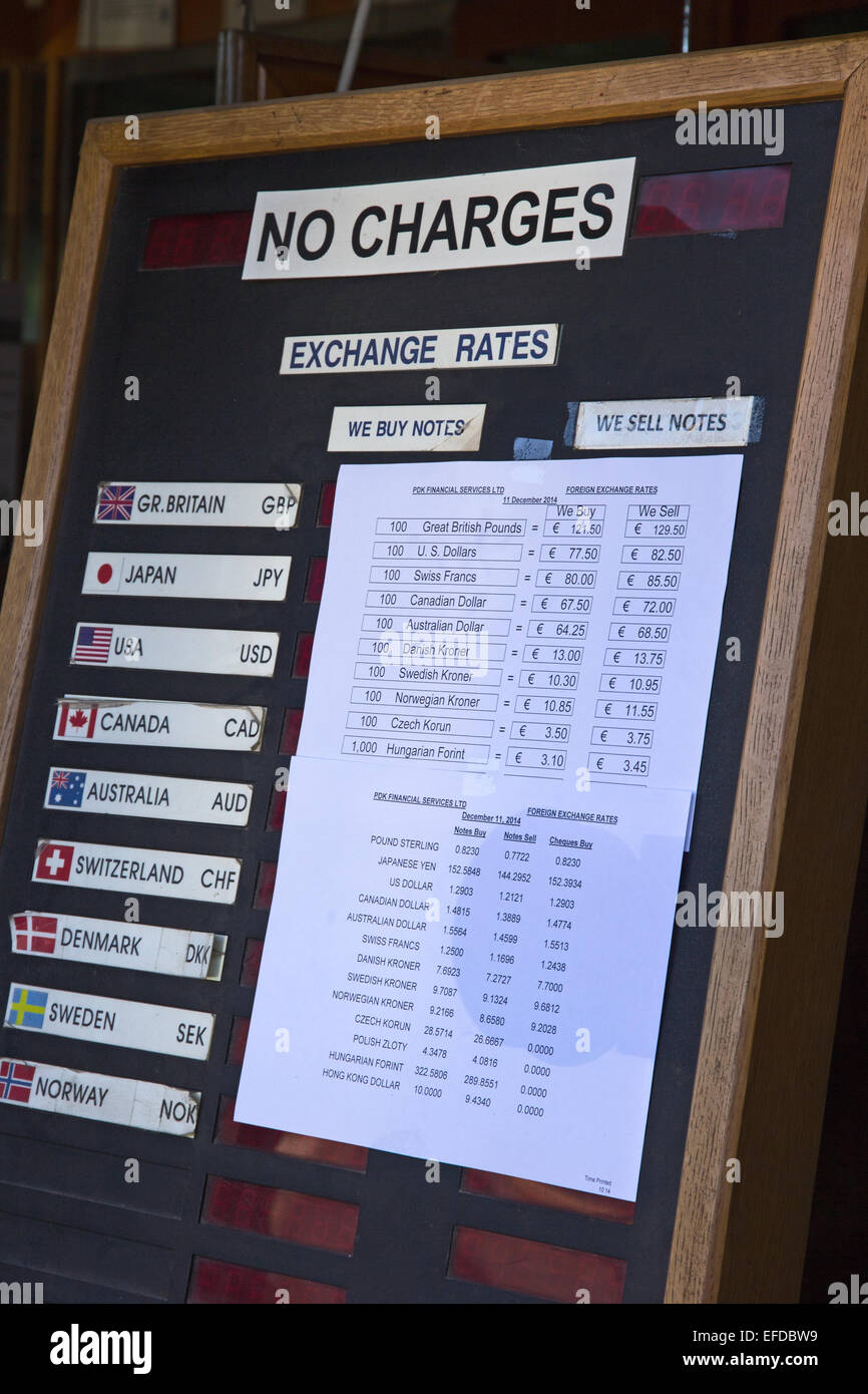 Currency exchange rates displayed in bank doorway, Malta Stock Photo