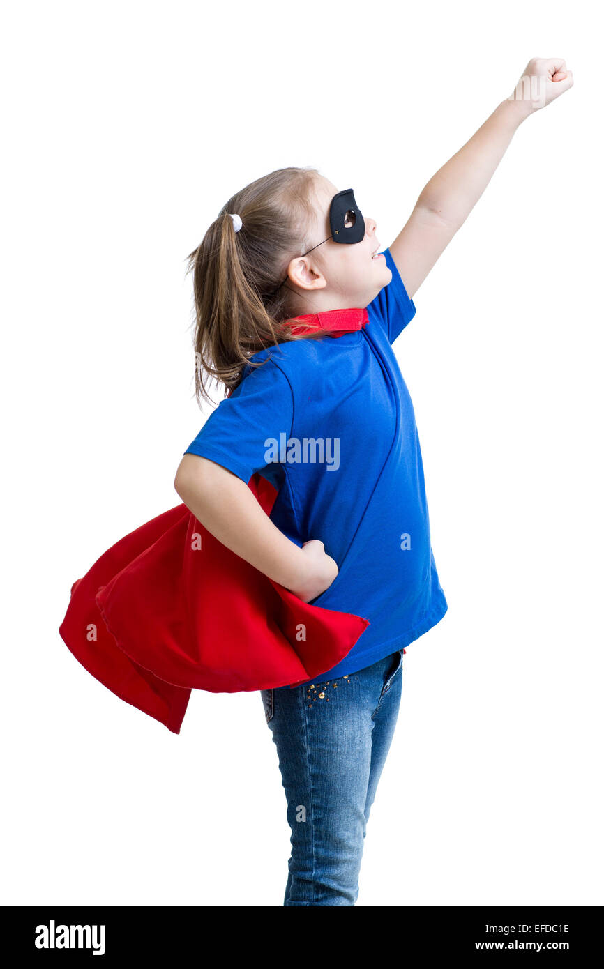 kid girl plays superhero Stock Photo