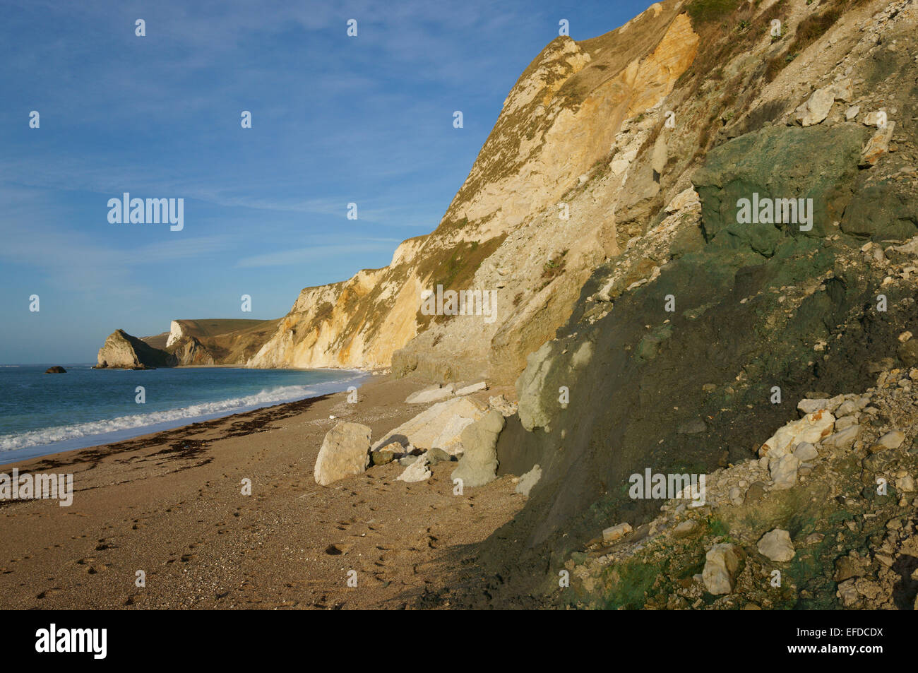 Greensand in the Wealden sandstone, in St Oswald's Bay looking towards Durdle Dor, along the UK south coast in Dorset, Stock Photo