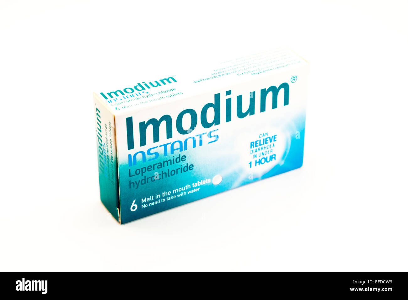 Imodium instants tablets diarrhoea  diarrhea remedy cure relief relieve help runs medicine cut out copy space antidiarrheal drug Stock Photo