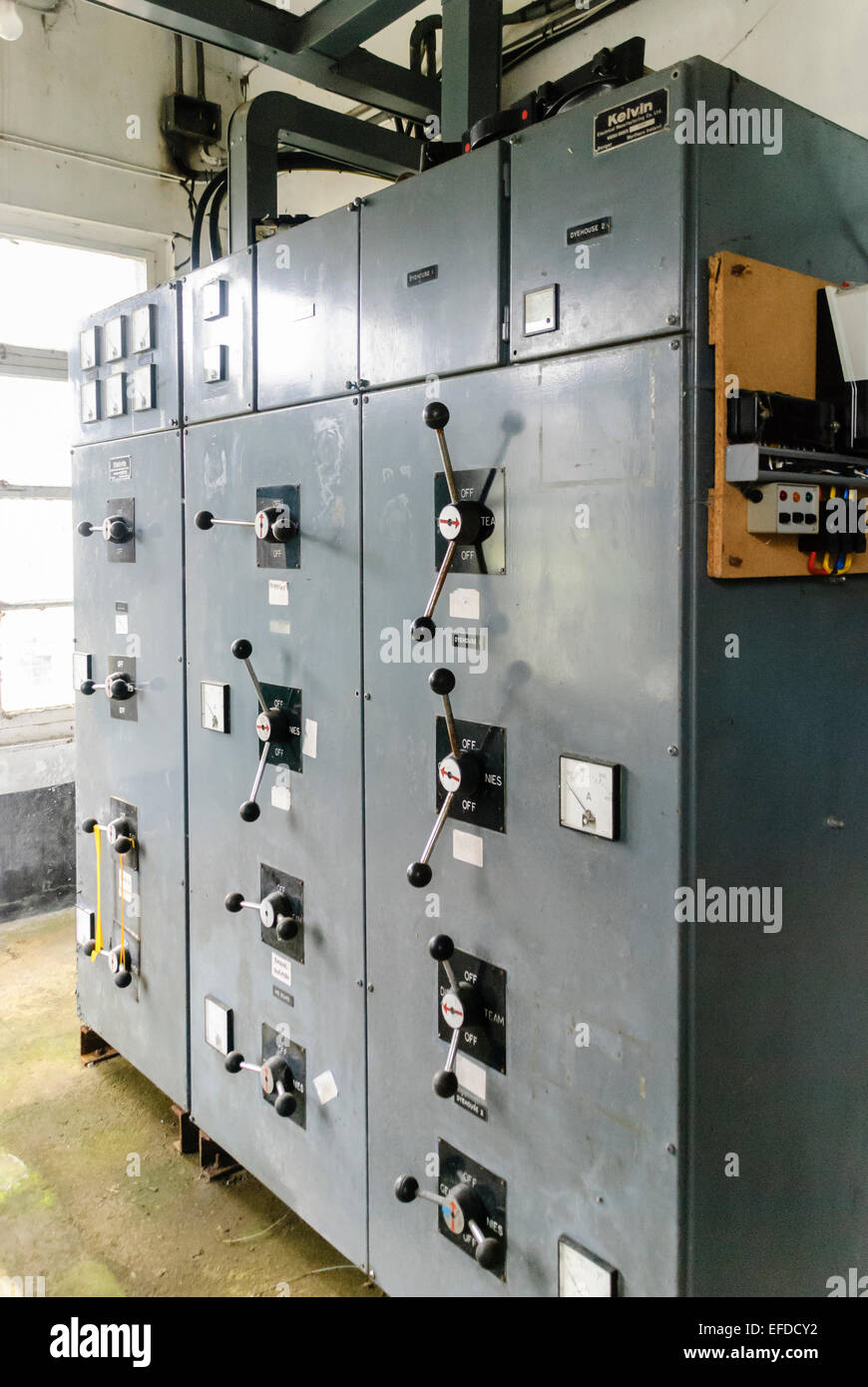 Electrical switchgear with gauges and four-way rotary switches Stock Photo