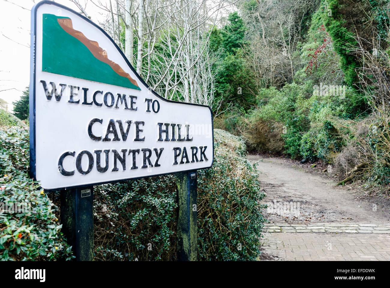 Sign welcoming visitors to Cave Hill Country Park in Belfast, a network of walks covering some steep terrain. Stock Photo