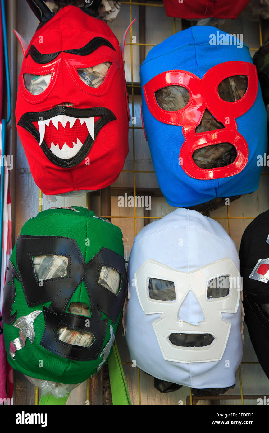 Masks of 'luchadores' (wrestlers), Todos Santos, Baja California Sur, Mexico Stock Photo
