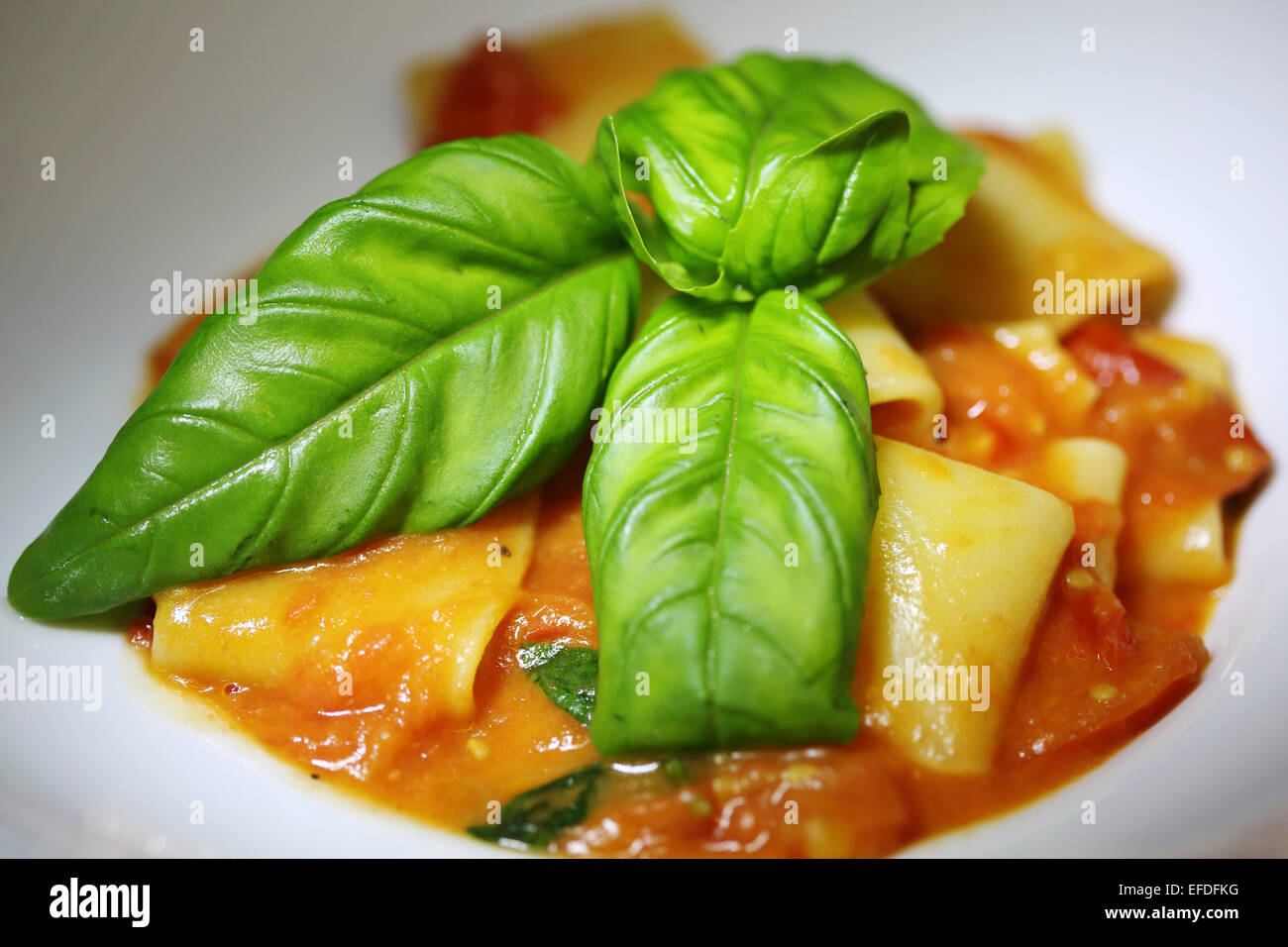 Pasta in a tomator sauce with fresh basil served at Larte restaurant in Milan, Italy. Stock Photo