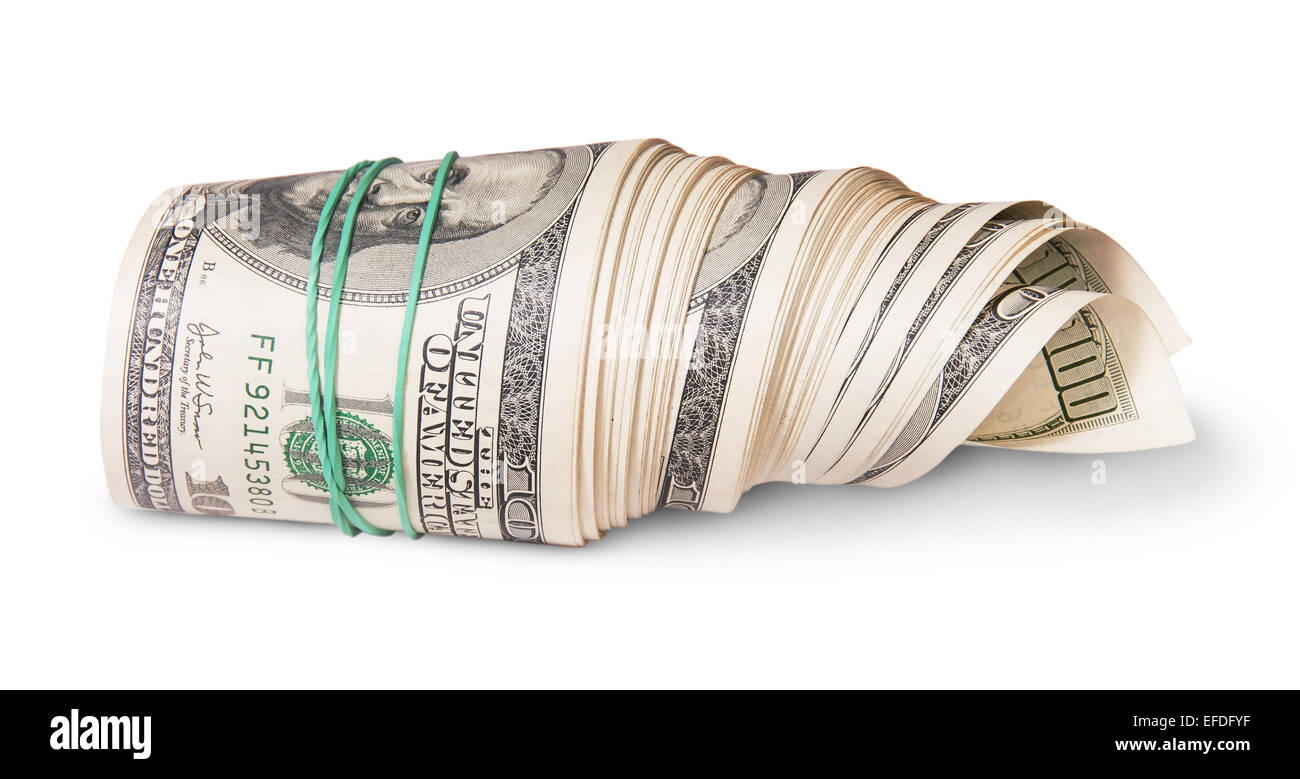 In front roll of money on the side isolated on white background Stock Photo