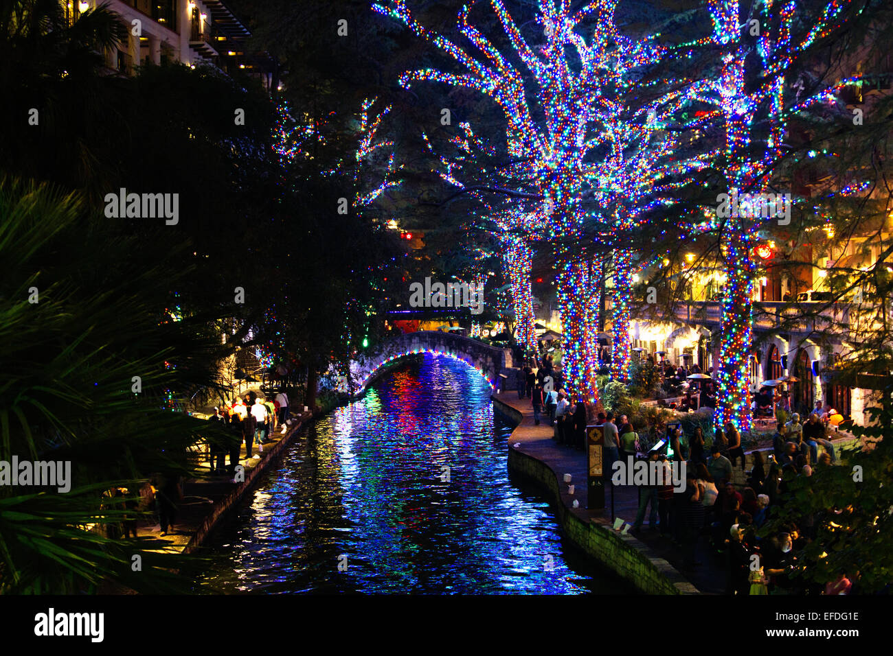 Riverwalk holiday lights; San Antonio TX Stock Photo
