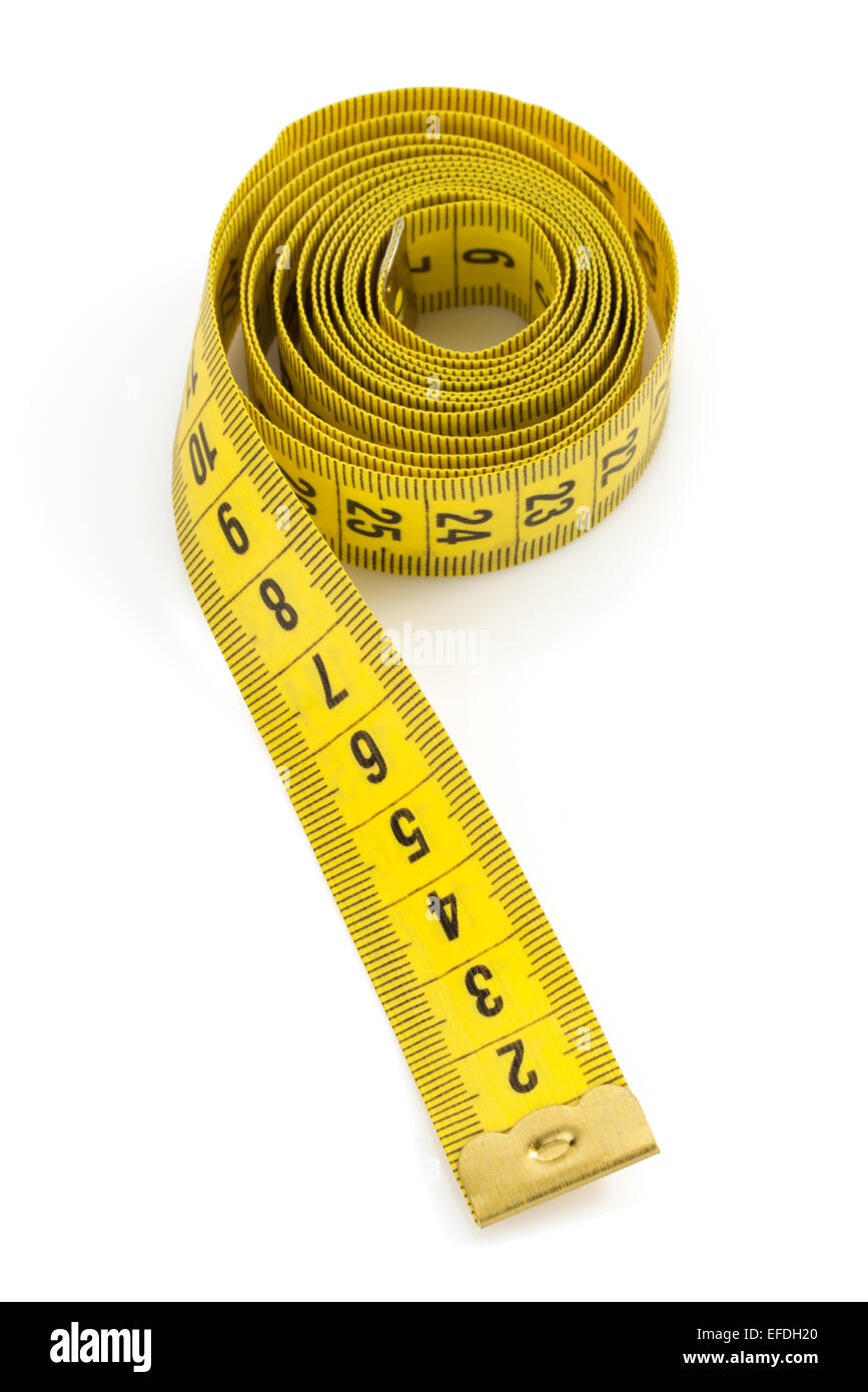 Tailors tape measure cut out against a white background. Yellow measuring  tape Stock Photo - Alamy