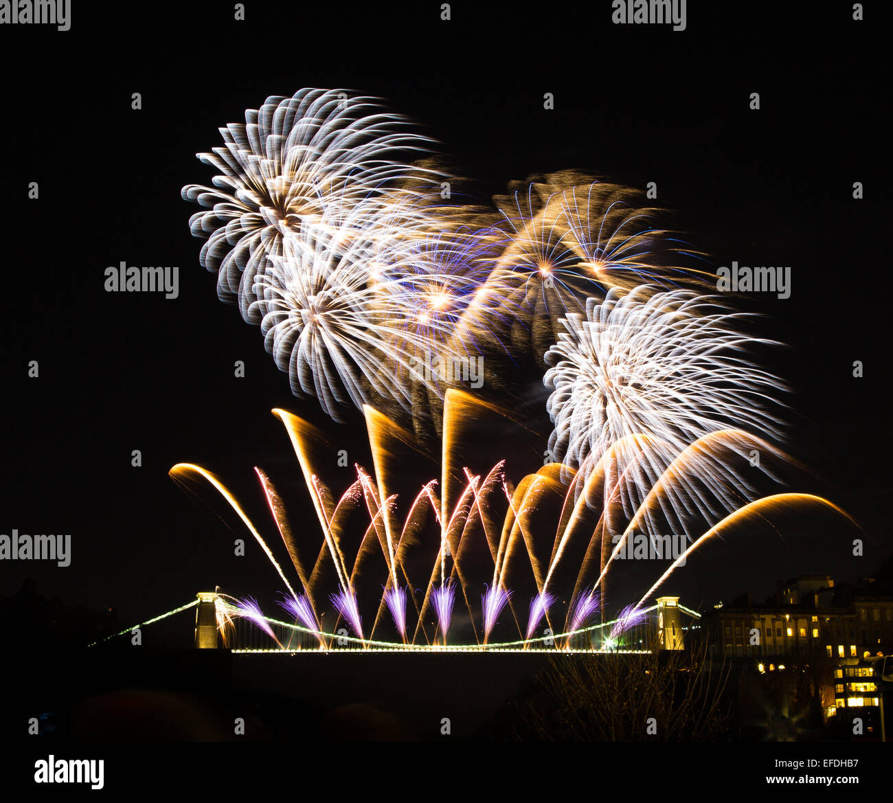 Firework display on the Clifton Suspension Bridge in Bristol to celebrate the 150th anniversary of opening of Brunel's bridge Stock Photo