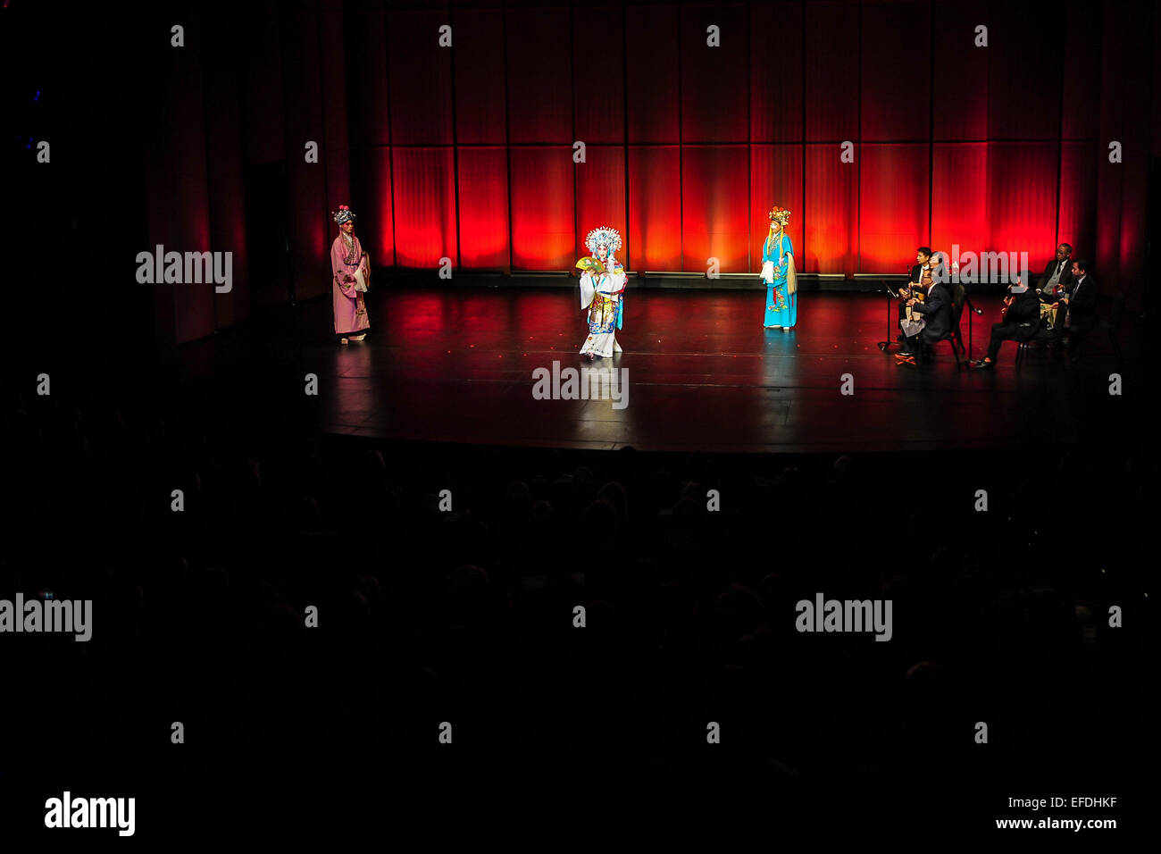 Los Angeles, USA. 1st Feb, 2015. Beijing opera artist of China Sun Ping (2nd L) performs an excerpt from 'The Drunken Beauty', during an Chinese Lunar New Year Celebration in Wallis Annenberg Center for the Performing Arts in Los Angeles, the United States, Feb. 1, 2015. © Zhang Chaoqun/Xinhua/Alamy Live News Stock Photo