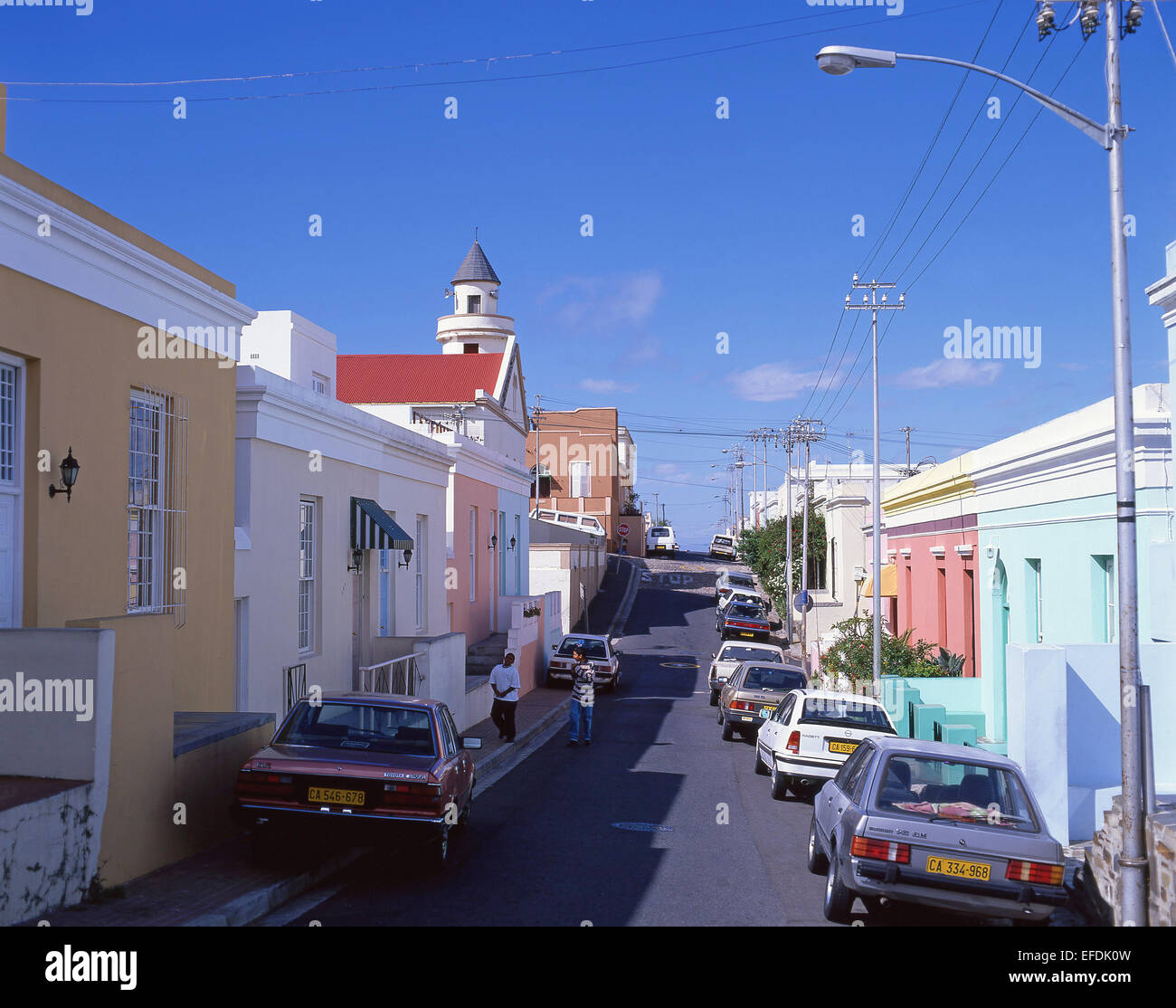 Colourful houses and mosque of Cape Malay Bo-Kaap, Longmarket Street, Cape Town, Western Cape Province, Republic of South Africa Stock Photo