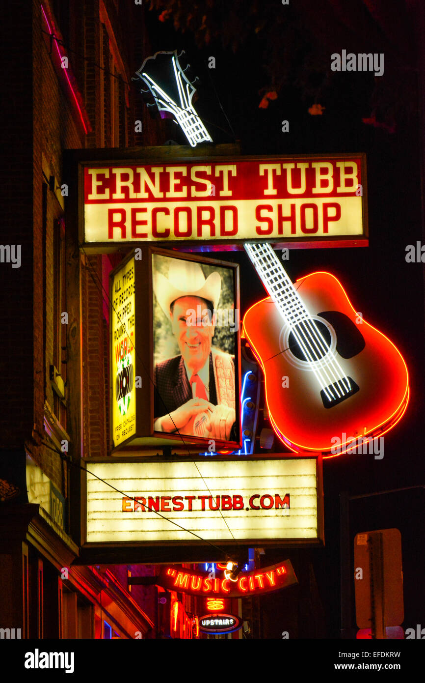 A night shot of the famous Ernest Tubb Record shop's Neon sign on Lower Broadway in downtown Nashville TN, Music City USA Stock Photo