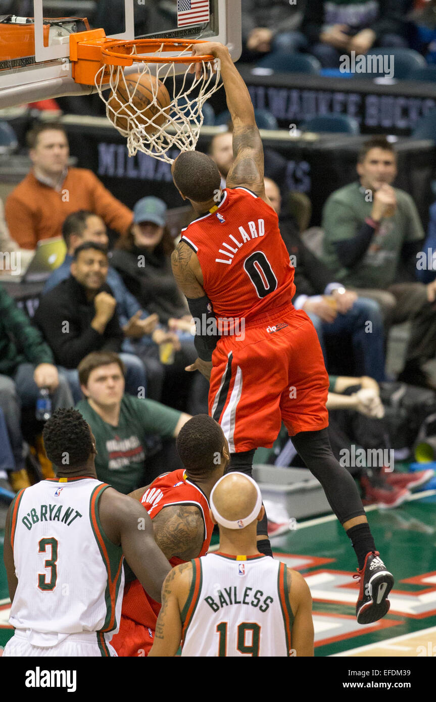 Milwaukee, WI, USA. 31st Jan, 2015. Portland Trail Blazers guard Damian  Lillard #0 scores on a dunk during the NBA game between the Portland Trail  Blazers and the Milwaukee Bucks at the, image size:863x1390