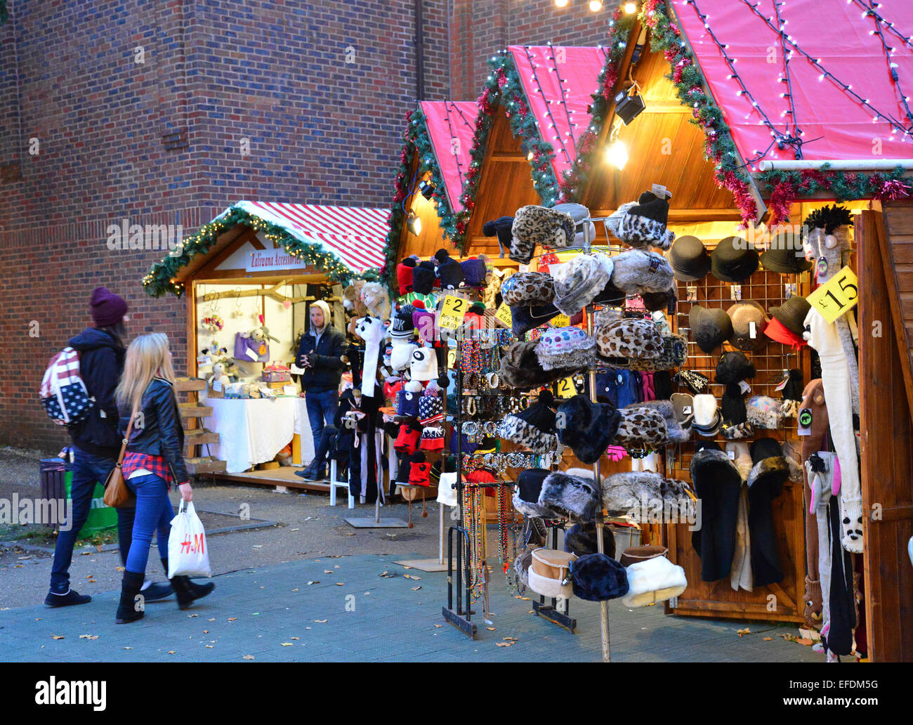 Traditional Christmas Market at dusk, Kingston upon Thames, Royal Borough of Kingston, Greater London, England, United Kingdom Stock Photo
