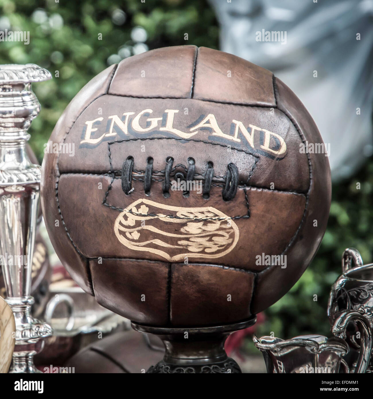 old brown soccer rugby balls Stock Photo