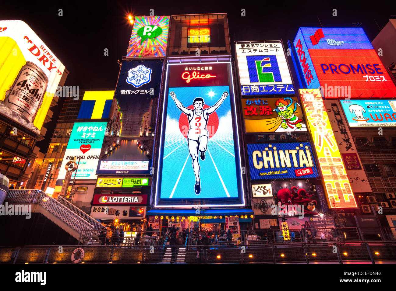 OSAKA, JAPAN - NOVEMBER 24: The Glico Man light billboard and other light displays on November 24, 2014 in Dontonbori, Namba Osa Stock Photo