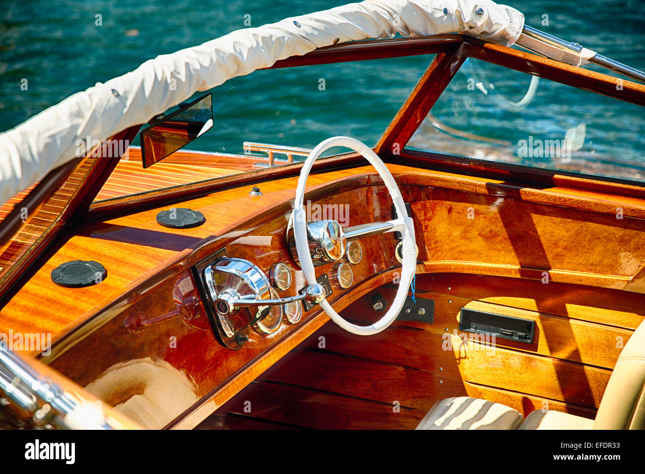 Classic Motorboat Steering Wheel and Controls, Lake Como, Italy Stock