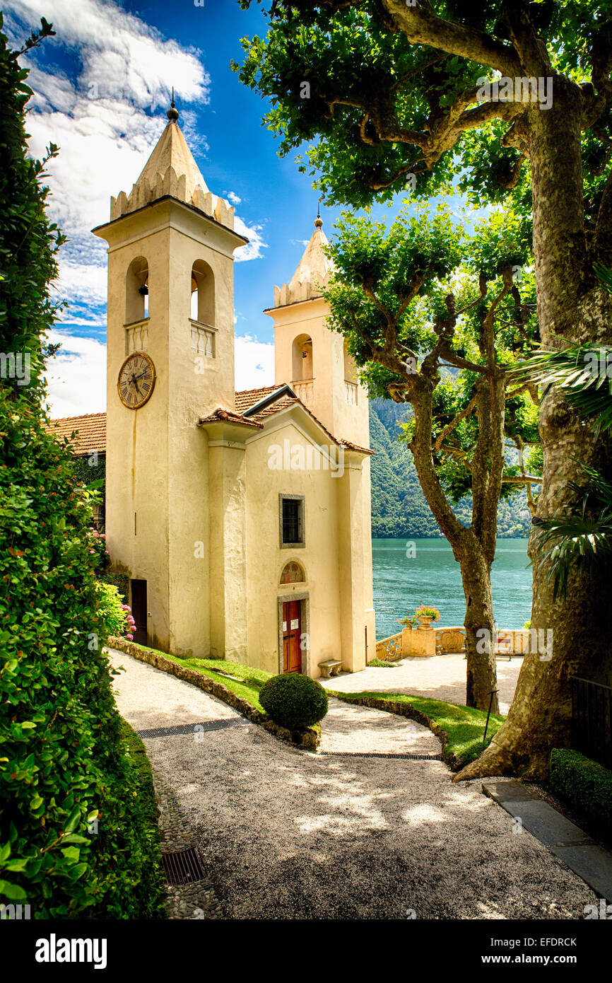 Low Angle View of a Small Chapel in a Garden, Villa Balbianello, Lenno, Lake Como, Lombardy, Italy Stock Photo
