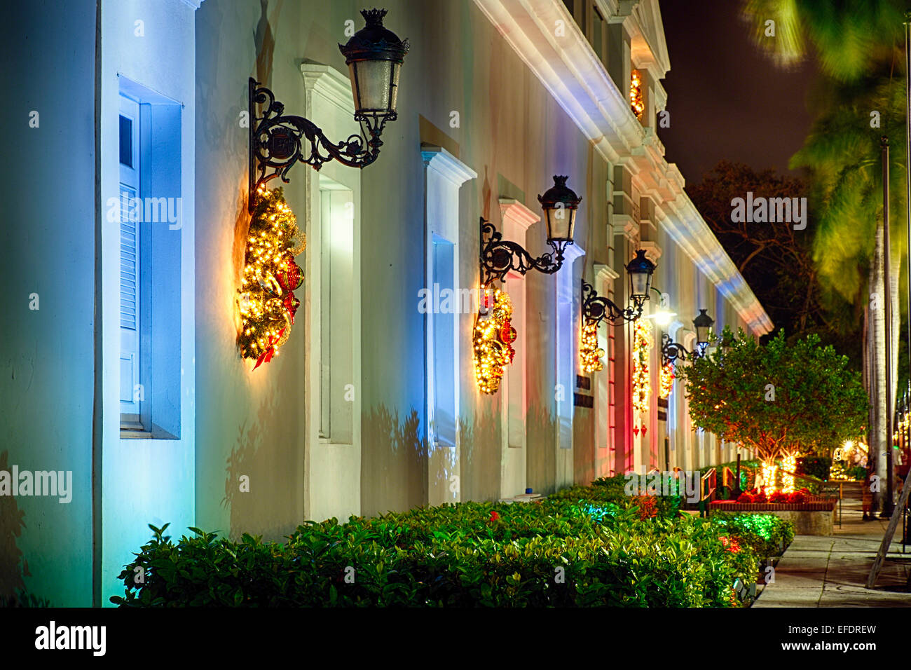 Exterior View of Building with Holiday Decorations, La Princesa, Old San Juan, Puerto Rico Stock Photo