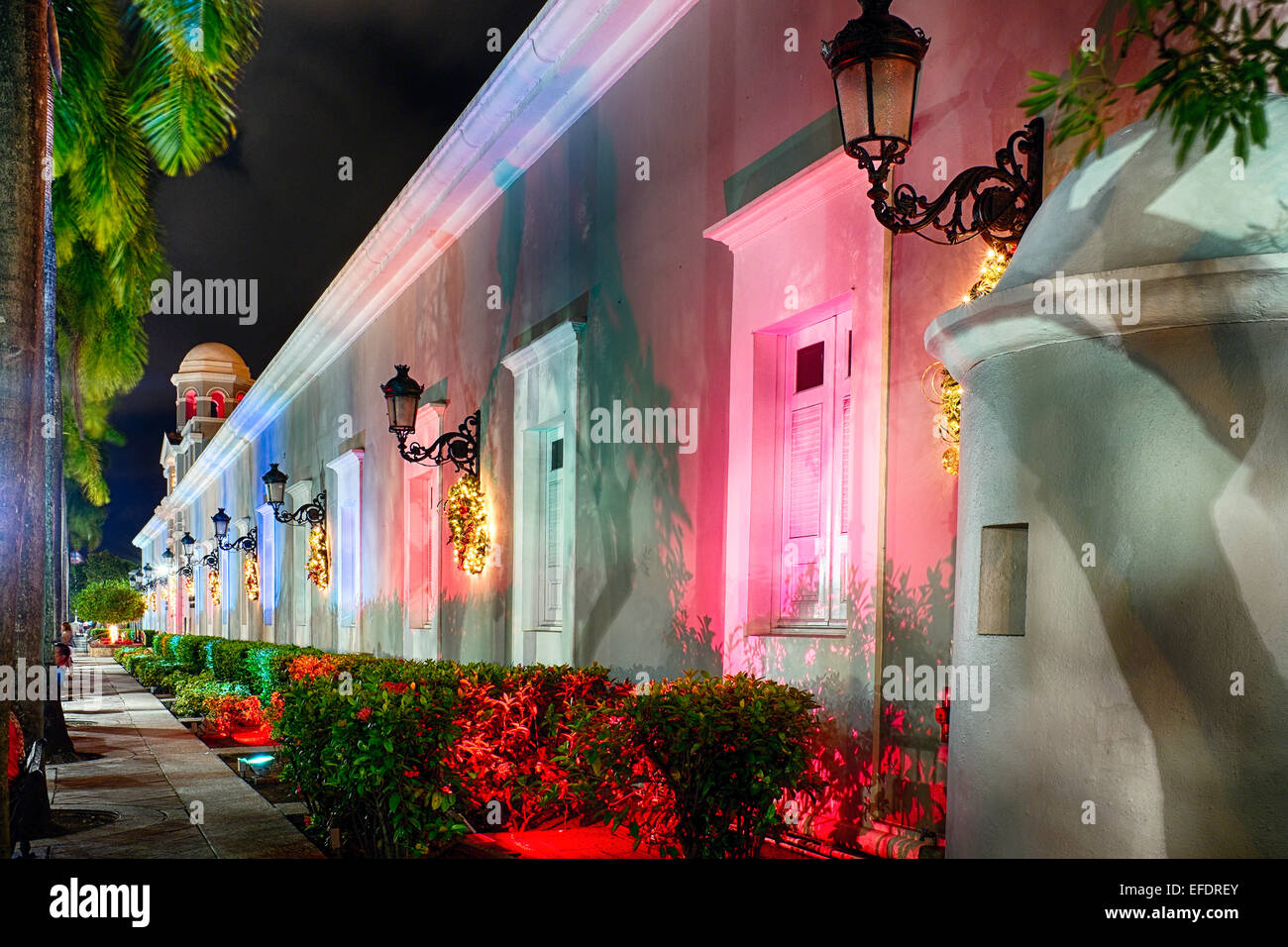 View of the La Princesa Building at Night During Holiday Season, Old San Juan, Puerto Rico Stock Photo