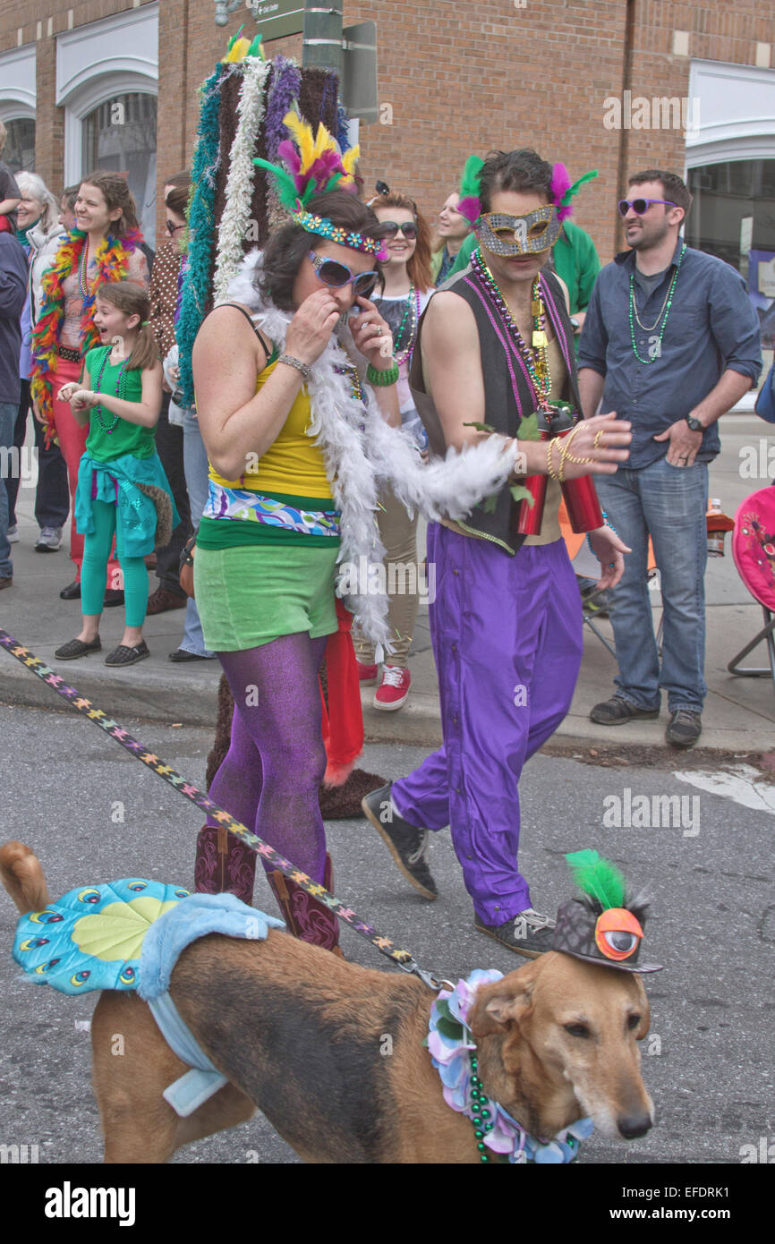 Spectators watch as people and a dog wear colorful, whimsical costumes