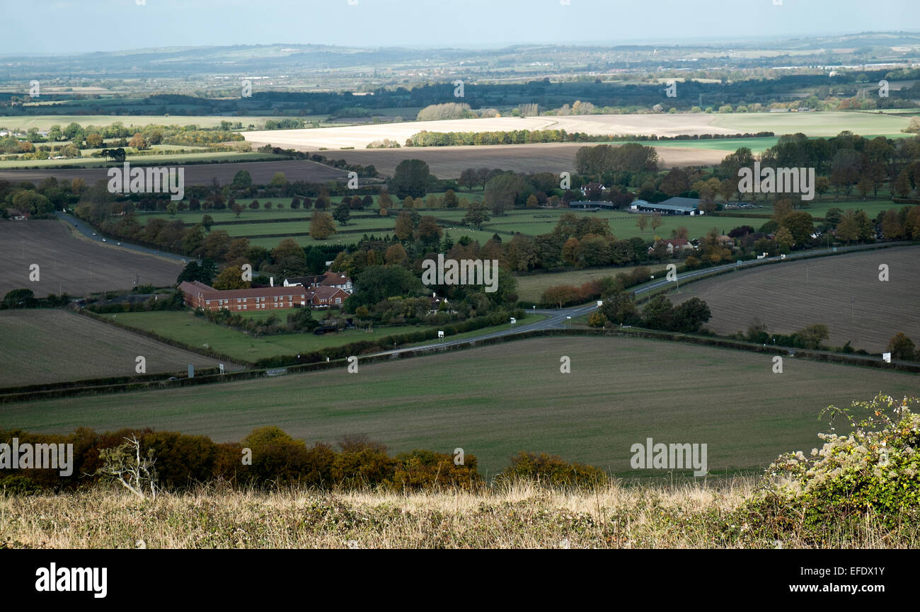 A view of a typical Chiltern landscape from Aston Rowant towards the Lambert Arms pub mid distance Stock Photo