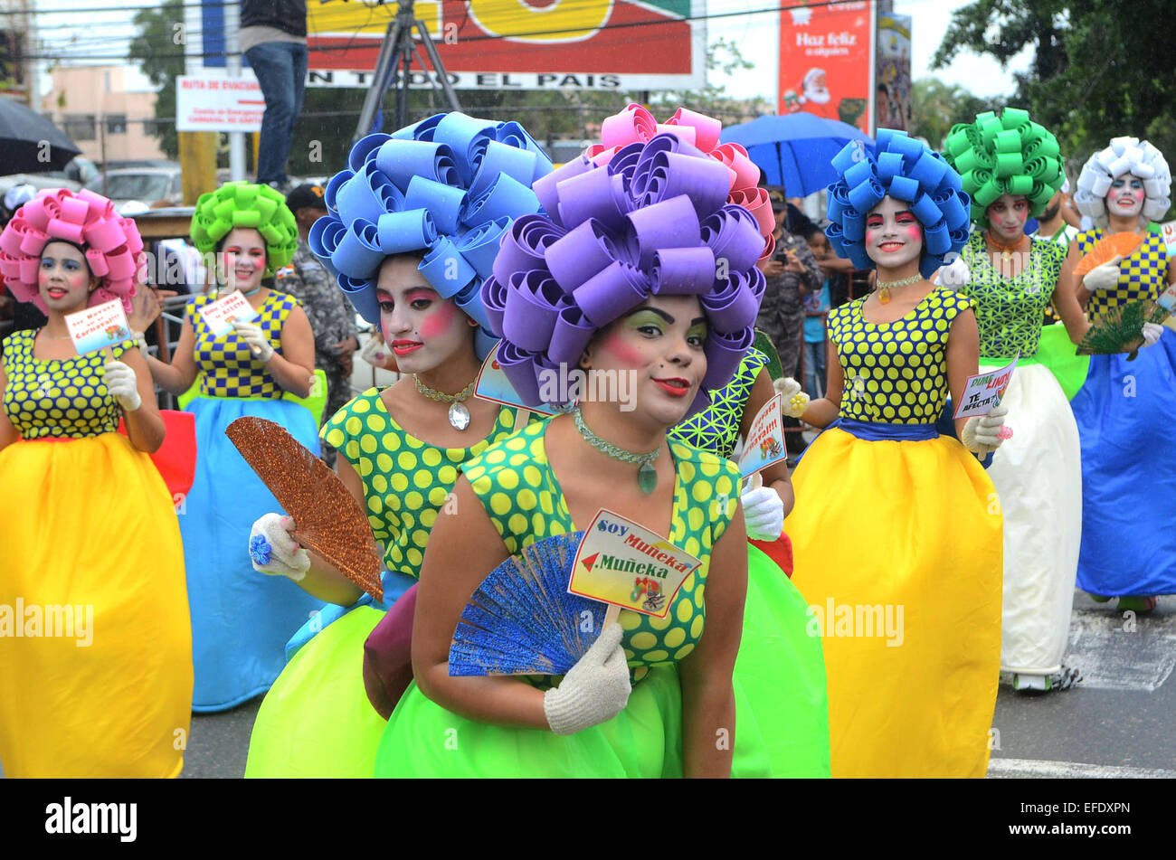 Santiago, Dominican Republic. 1st Feb, 2015. People participate in the Carnival parade, in Santiago province, Dominican Republic, on Feb. 1, 2015. According to the local press, the carnival begins on the first Sunday of February annually, as one of the most important cultural traditions of the country. © Onelio Dominguez/Xinhua/Alamy Live News Stock Photo