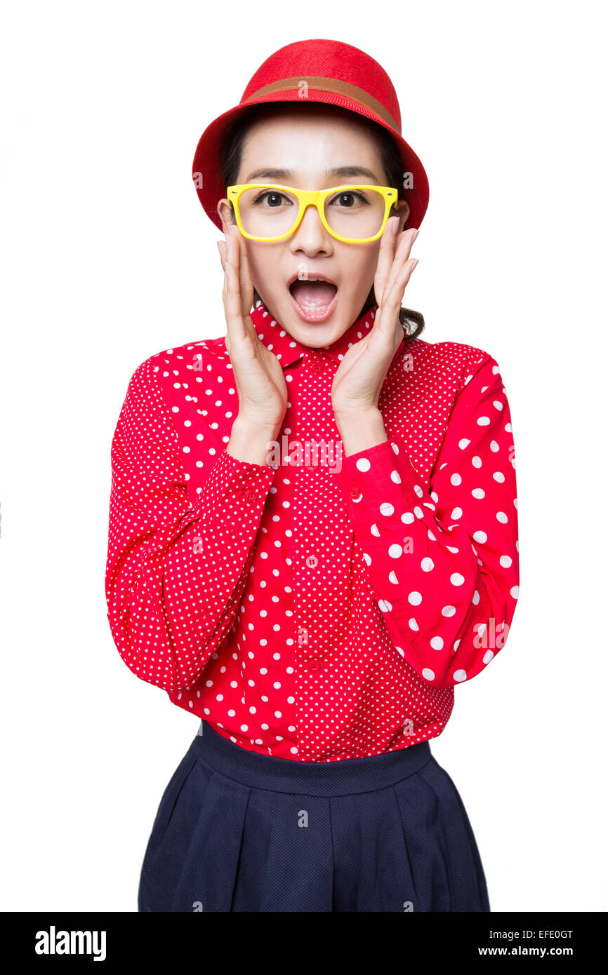 Happy young woman opening mouth Stock Photo - Alamy