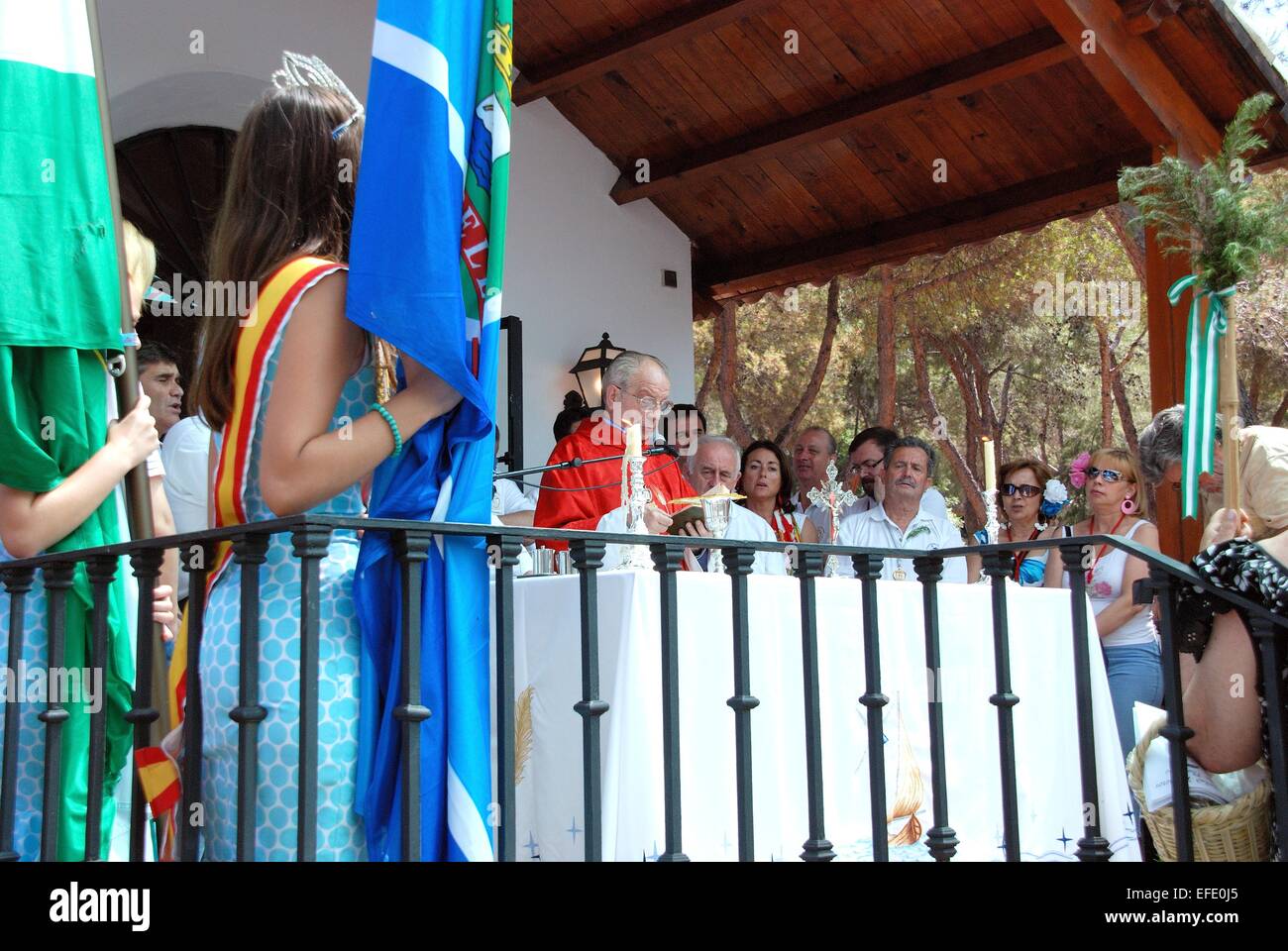 Spanish priest giving a sermon during the Romeria San Bernabe festival, Marbella, Costa del Sol