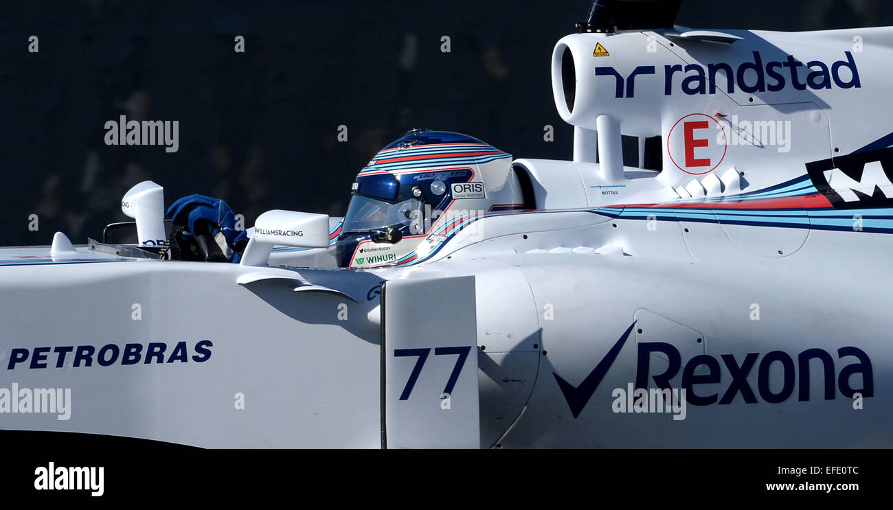 Finnish Formula One driver Valtteri Bottas of Williams Martini Racing steers the new FW37 during the training session for the upcoming Formula One season at the Jerez racetrack in Jerez de la Frontera, Southern Spain, 01 February 2015. Photo: Peter Steffen/dpa Stock Photo