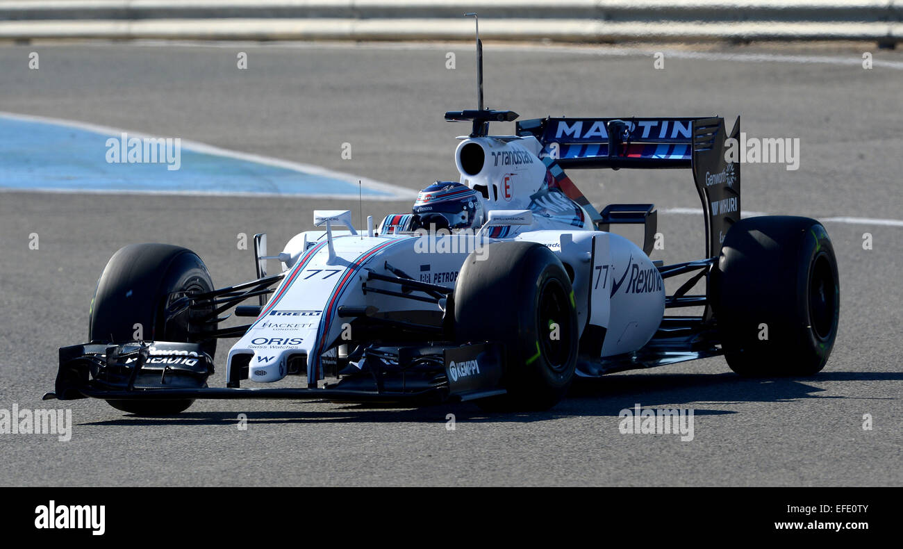 Finnish Formula One driver Valtteri Bottas of Williams Martini Racing steers the new FW37 during the training session for the upcoming Formula One season at the Jerez racetrack in Jerez de la Frontera, Southern Spain, 01 February 2015. Photo: Peter Steffen/dpa Stock Photo